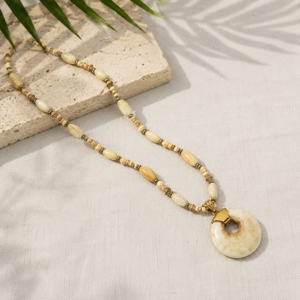 Vintage Boho Cream Beaded Necklace with Large Circular Donut Pendant Gold Tone